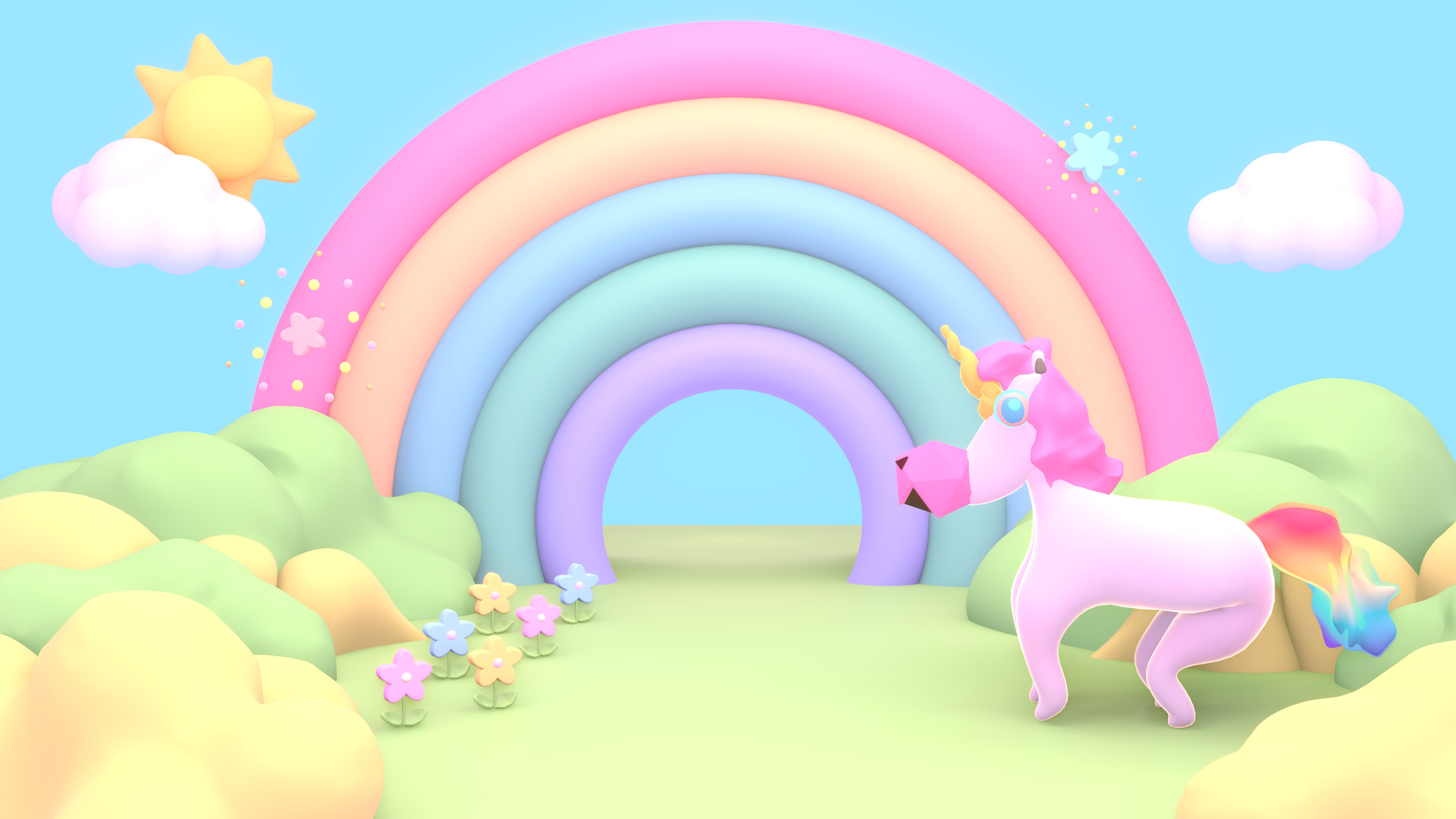 cartoon grass land with rainbow, sun, unicorn, and flowers